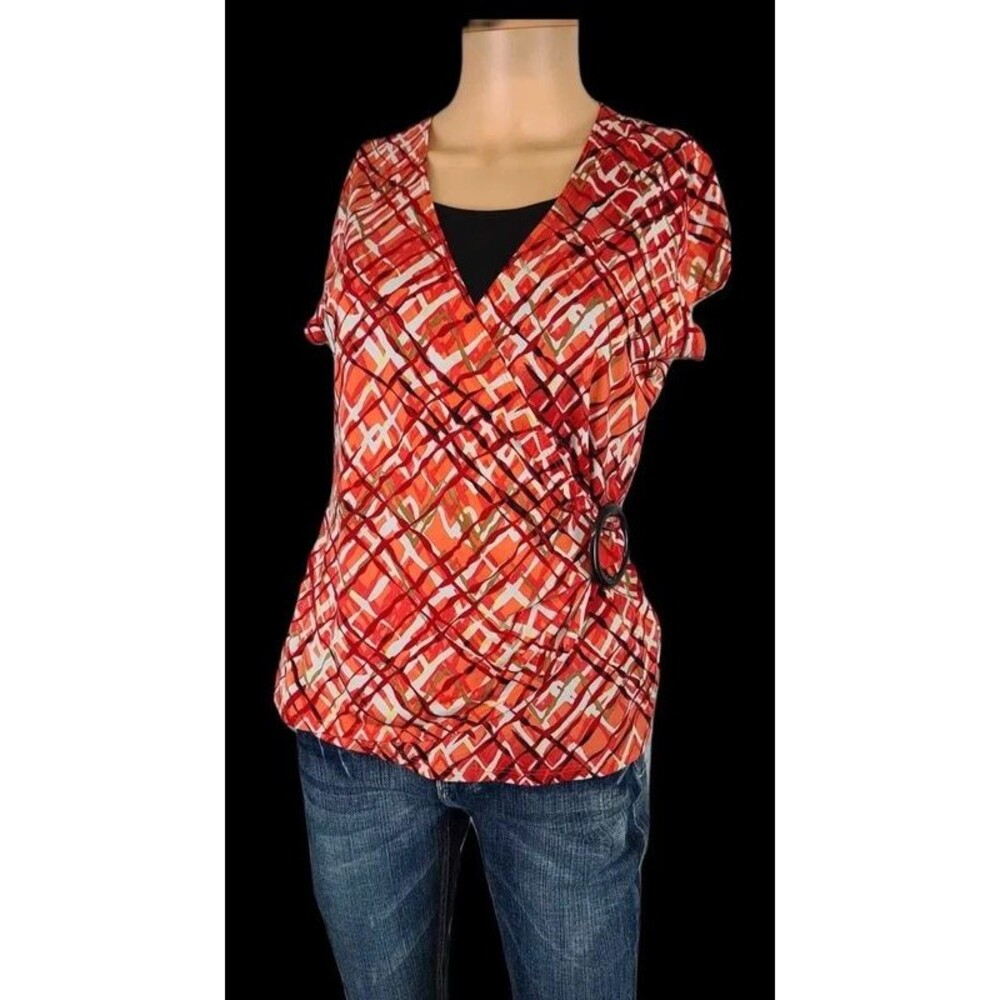 Notations Geometric Petite Ladies Blouse Vintage Y2K Boho S/M V neck side cinch